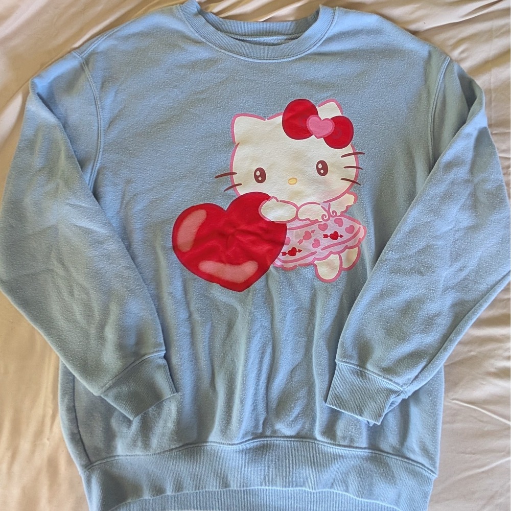 Hello Kitty Sanrio Blue Graphic Sweatshirt Heart Print Fleece Pullover Medium